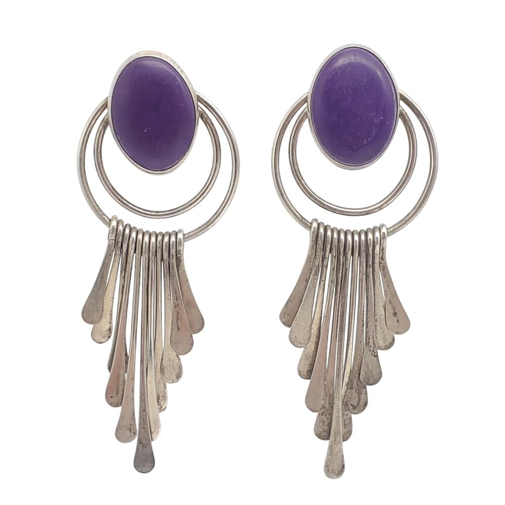 Navajo Sterling Silver Purple Earrings 925 Fan Dangle Begay Native American Boho